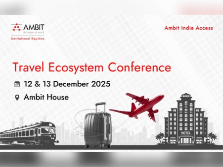 Event banner for 'Travel Ecosystem Conference' featuring vector illustrations of a passenger train, luggage suitcase, flying airplane, and a hotel building