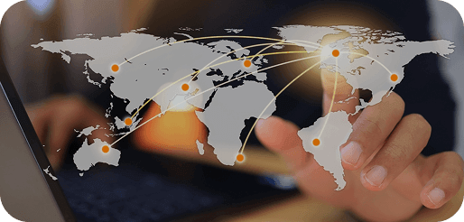 A person touching a glowing interactive digital world map with connected global node points on a screen